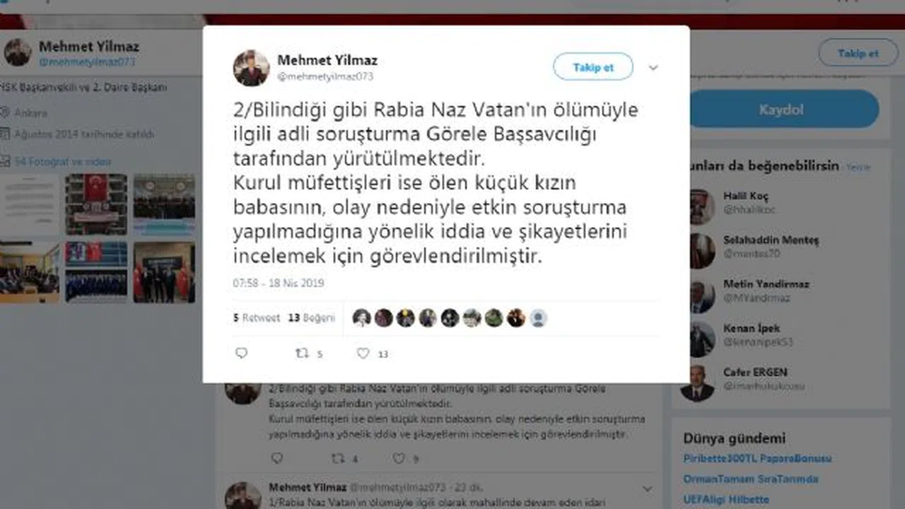 Hakimler ve Savcılar Kurulu'ndan 'Rabia Naz Vatan' açıklaması
