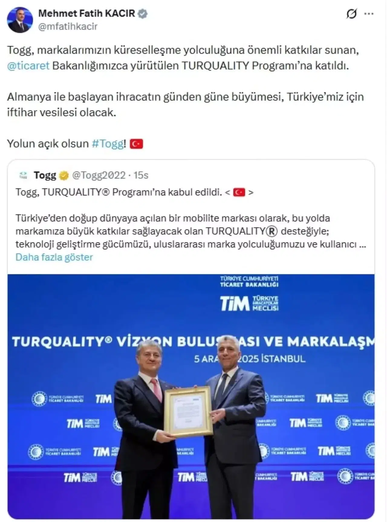 Bakan Kacır: Yolun Açık Olsun Togg